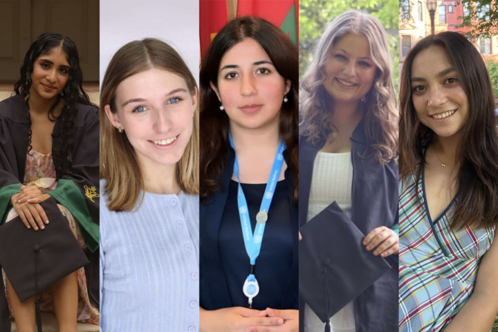 Five photos of Fulbright scholar winners. One student poses in front of the Wren in a graduation gown; Another has blonde hair and wears a blue top; Another wears a dark navy shirt and a light blue lanyard; Another wears a white dress under her graduation gown; and the final student wears a light blue dress covered in various colored stripes.