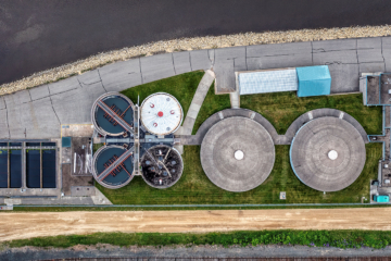 An aerial view shows an industrial plant.