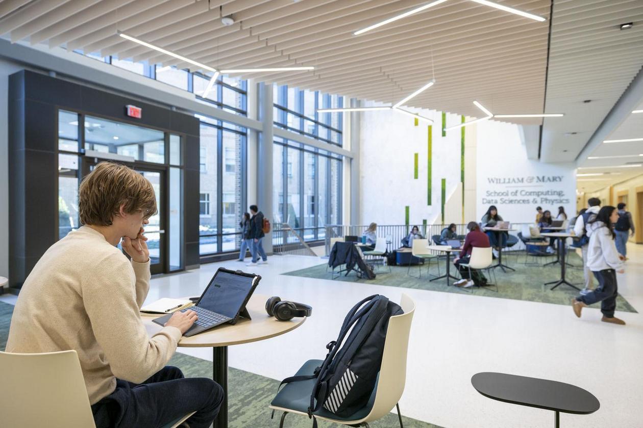 This is a photo of students working inside the new Integrated Science Center 4 building on campus
