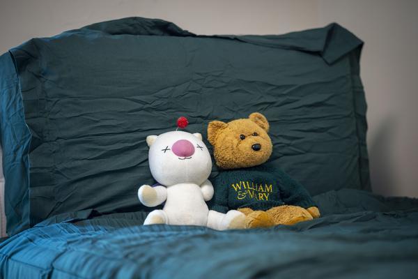 Two stuffed bears on a bed in a new student's room