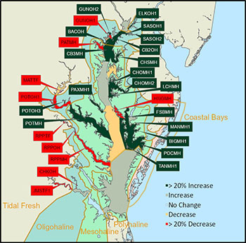 A map shows different levels of salinity along the Chesapeake Bay.