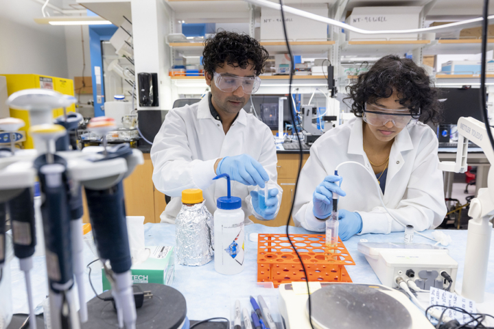 People in a lab work together on a table.