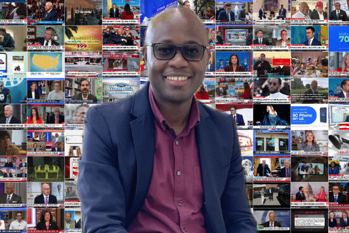 Alexander Nwala sits in front of a screen showing multiple websites.