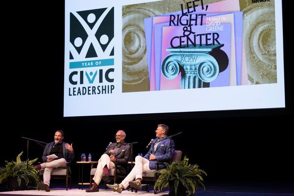 Left, Right & Center" host David Greene moderates a podcast with political commentators Mo Elleithee and Mike Dubke at Phi Beta Kappa Memorial Hall.