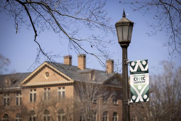 This is a photo of a Year of Civic Leadership banner displayed on campus