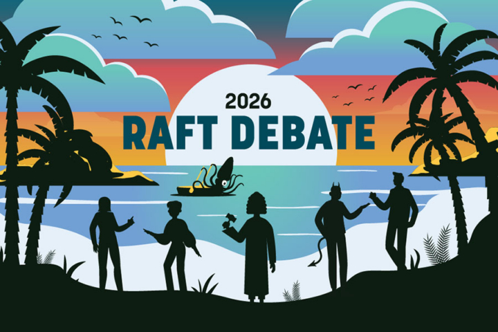 A graphic shows five people standing on an island while a squid sits on a raft in the sea.