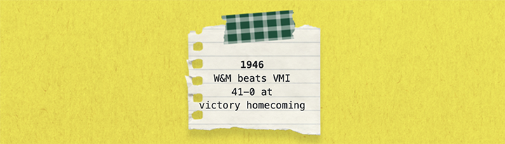 A graphic says 1946 W&M beats VMI 41-0 at victory homecoming.