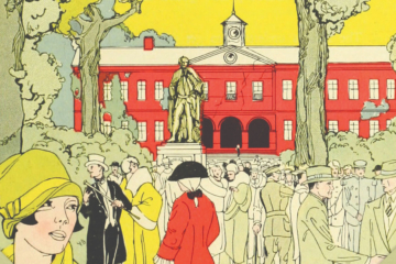 An illustration shows people gathering in front of the Wren Building.