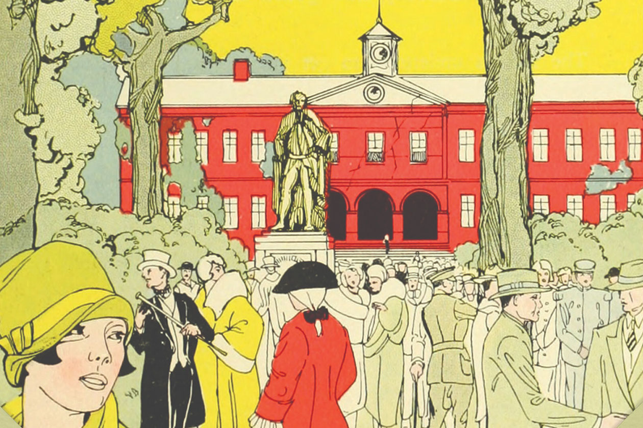 An illustration shows people gathering in front of the Wren Building.
