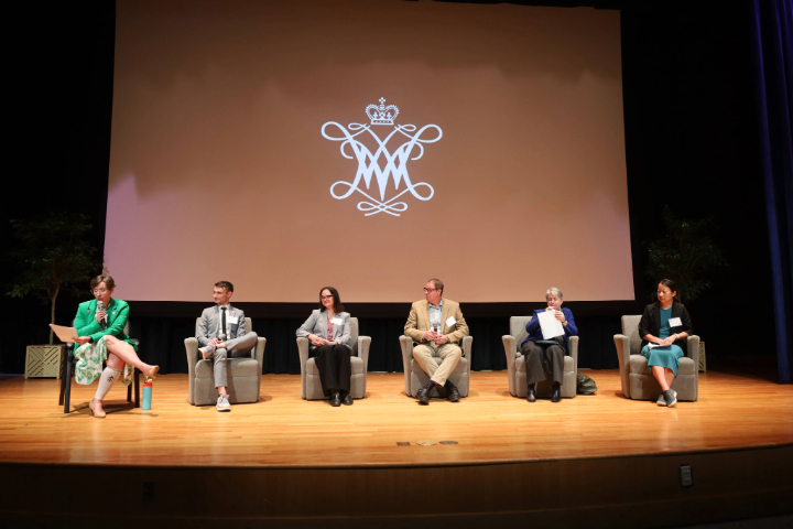 This is a photo of a panel at the Fusion symposium which includes from left to right, moderator Saskia Mordijck, CFS Chief Engineer Alex Creely, DOE Program Manager Colleen Nehl, Jefferson Labs Director Jens Dillig, W&M’s Vice Provost for Research Alyson Wilson and UVA professor Xiaochao Zheng at the panel on Fusion in Virginia.