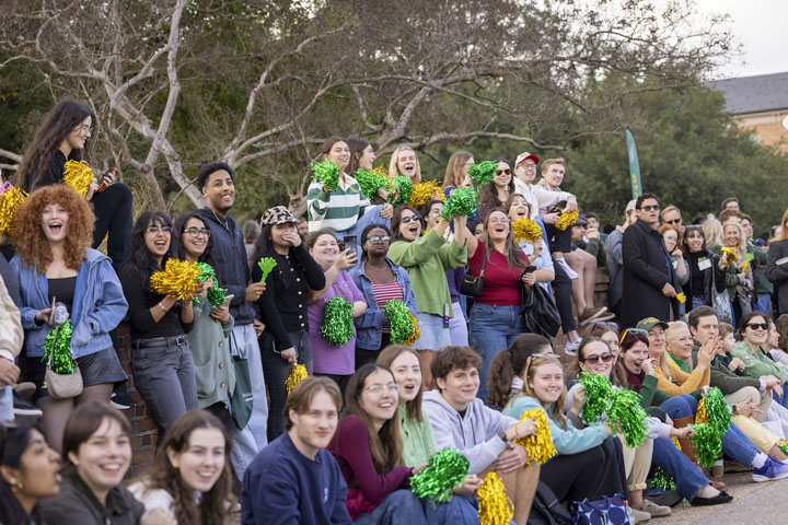 People line a street and wave pom-poms.